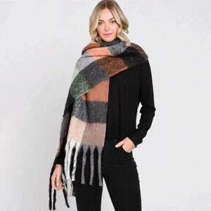 Fuzzy Plaid Scarf With Tassels